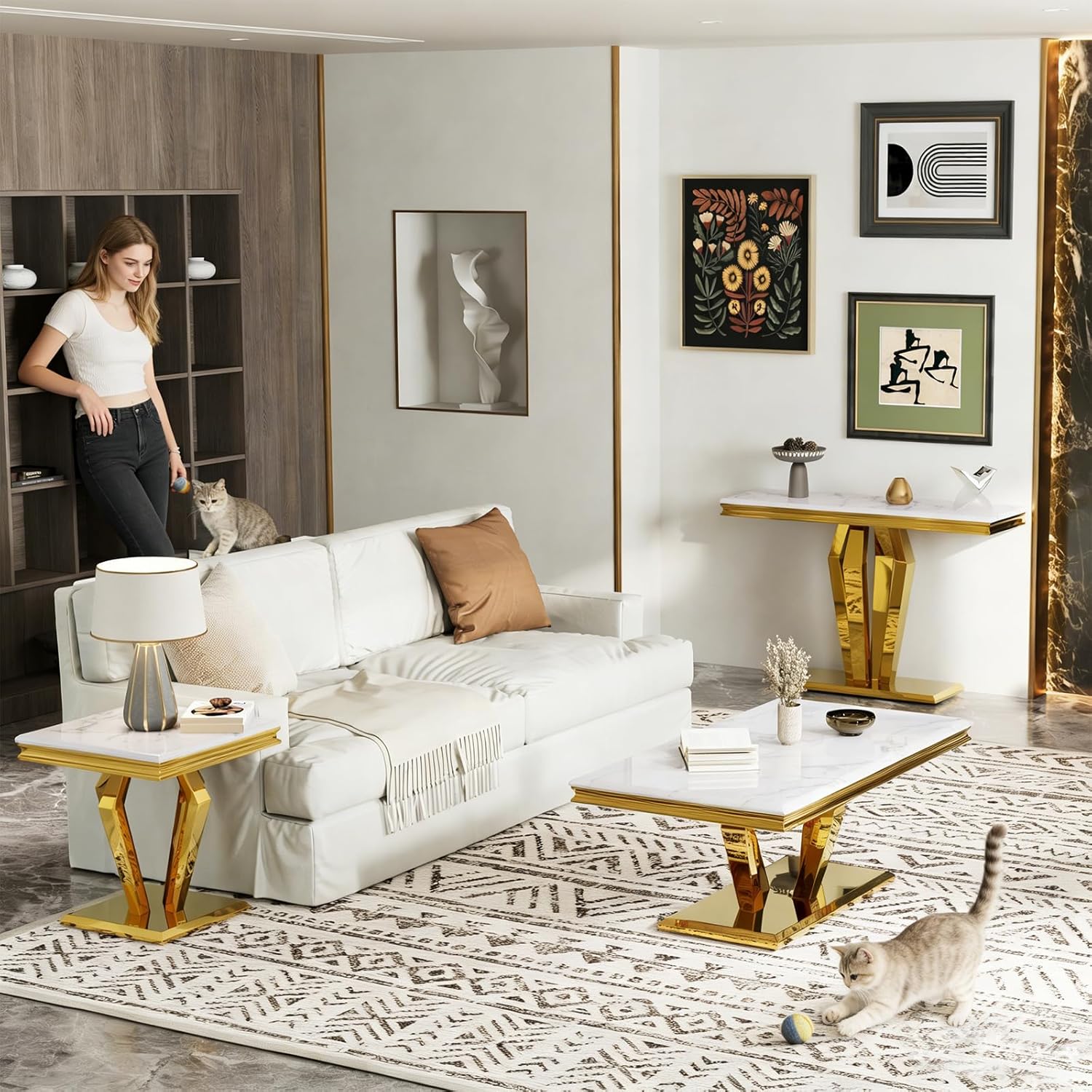 Asday White and Gold End Table for Living Room, Gold Modern End Table, 22 inch Luxury Square Side Table with Polished Geometric Base for Bedroom Home Office Balcony (1PCS)