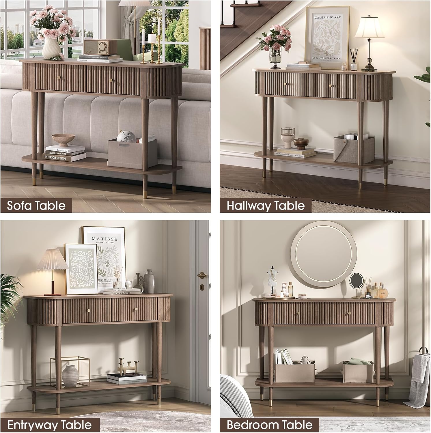 JOINICE 43" Entryway Table with Drawers,Fluted Console Table with Storage Shelf,Narrow Sofa Table for Living Room,Hallway,Foyer,Walnut