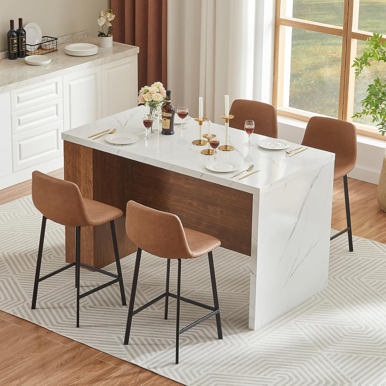 ONBRILL 61 x 31 Inch Whole Board of Tabletop Kitchen Island Table with Storage Space, Power Outlet & LED Lights, Modern Imitation Marble Large Counter Height Dining Table for 4 (White)