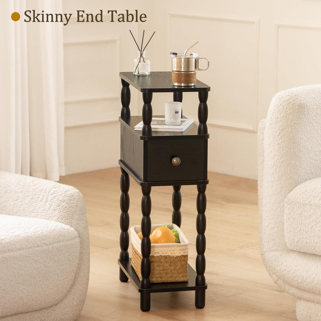 MaxSmeo Black Narrow Side Table, Narrow End Table with Storage, Skinny Small Nightstand with Drawer for Bedroom, Living Room, Small Spaces (Black)