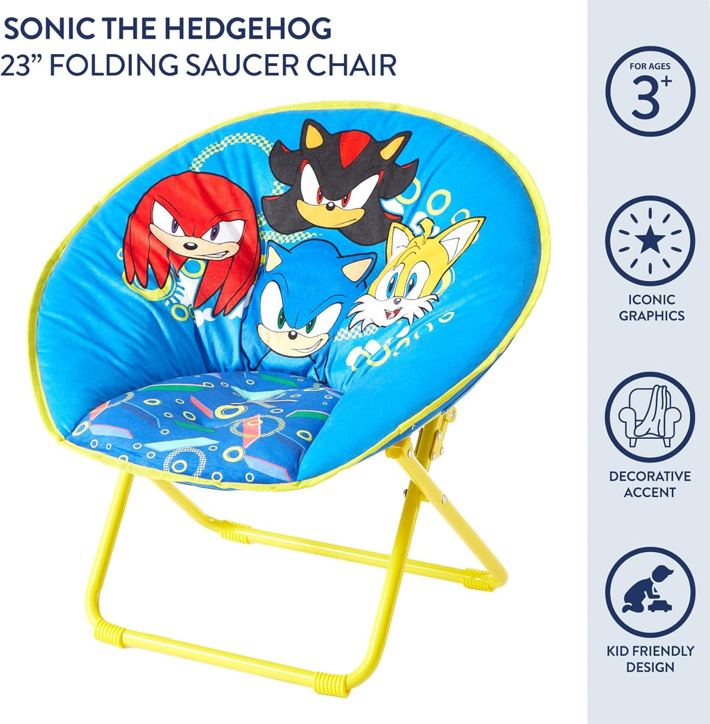 Sega Sonic The Hedgehog 23-Inch Kids Folding Saucer Chair,Portable, Padded Seat with Metal Frame for Kids Ages 3+, Ideal for Bedroom, Playroom, or Gaming Setup