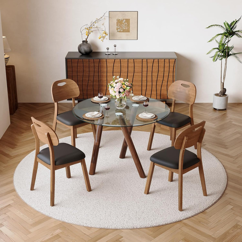 LKTART Small Glass Dining Table for 2-4 People, 35" Round Dining Table with Metal Legs, Glass Kitchen Table for Dining Room Home Office Small Spaces, Walnut