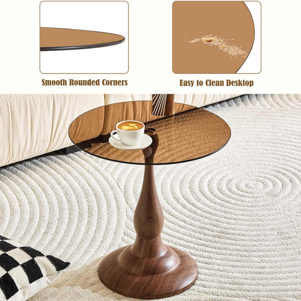Round Side Table,Round Coffee Table, Small End Tables with Round Metal Frame,Tempered Glass Side Table,19.6 Inch Vintage Accent Table for Sofa, Bedside, Living Room, Bedroom, Patio(Brown)
