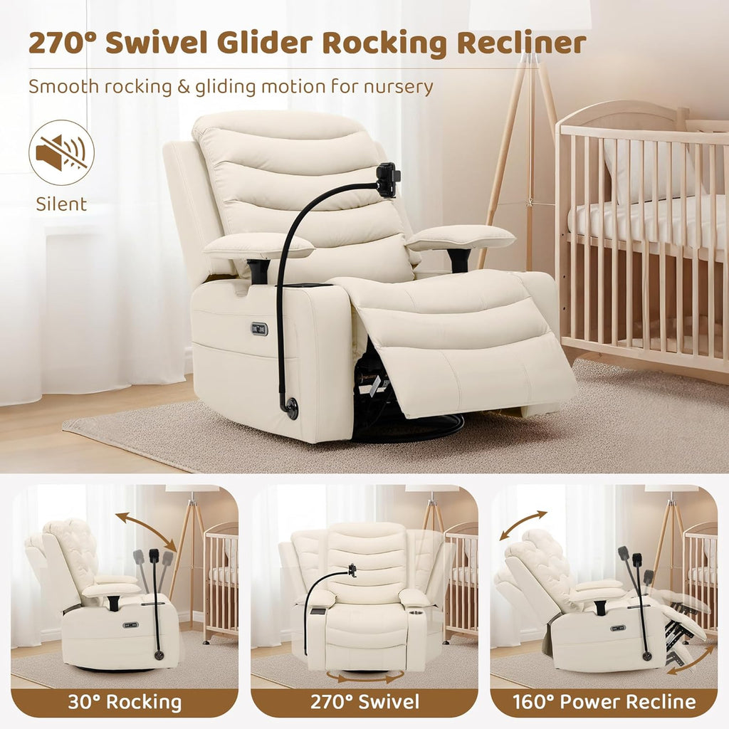 Olela Power Glider Recliner Nursery Chair, Leather Swivel Rocking Chair with Electric Lumbar Support, USB Charging, Smart Cup Holder, Light, Adjustable Armrest, Wireless Phone Charger Holder