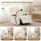 Olela Power Glider Recliner Nursery Chair, Leather Swivel Rocking Chair with Electric Lumbar Support, USB Charging, Smart Cup Holder, Light, Adjustable Armrest, Wireless Phone Charger Holder
