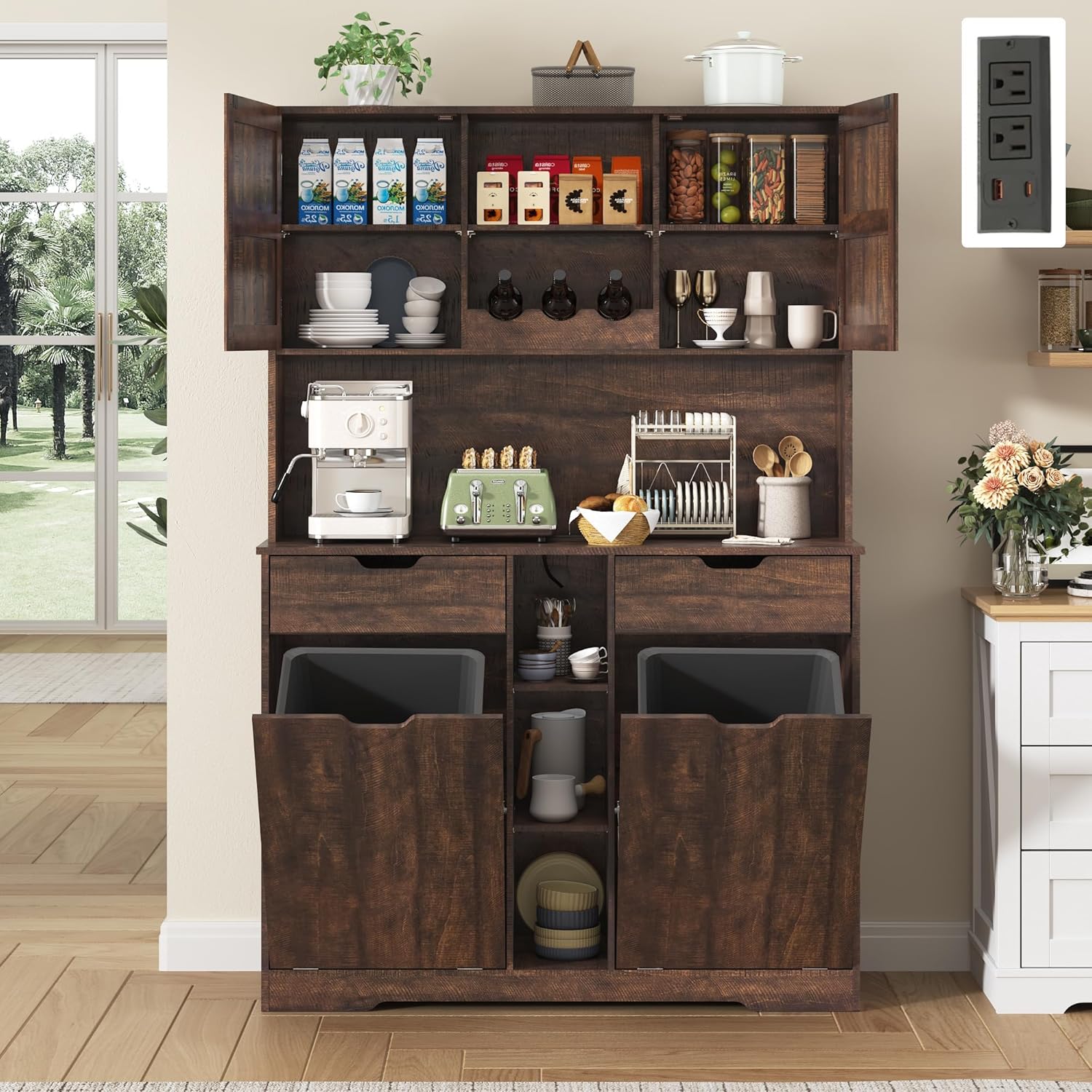 71"H Kitchen Pantry Storage Cabinet with Power Outlets and Two Drawers,10X2 Gallon Kitchen Hidden Double Tilt Out Trash Can Cabinet with Trash Bin Storage Holders,Laundry Hamper Cabinets(Brown)