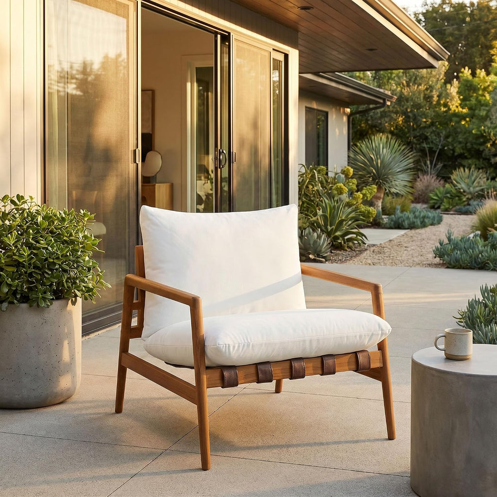 Modway Nomi Teak Wood Outdoor Sling Accent Chair in Natural White - Faux Leather Vegan Patio Armchair with Removable Cushioned Upholstery