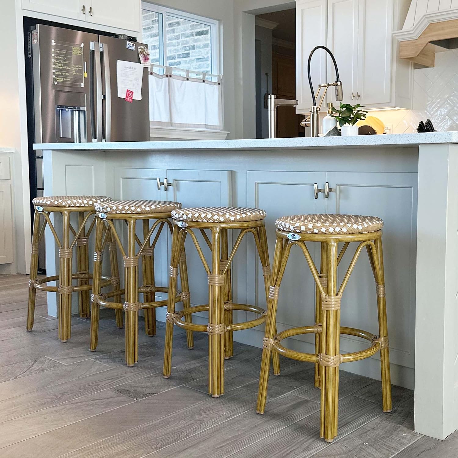 PURPLE LEAF Patio Round Counter Height Stool Set of 2 Outdoor Backless Barstools Aluminum Frame in Bamboo Finish with Amber & White Woven Rattan for Indoor Kitchen Dining Bistros Cafe Restaurant
