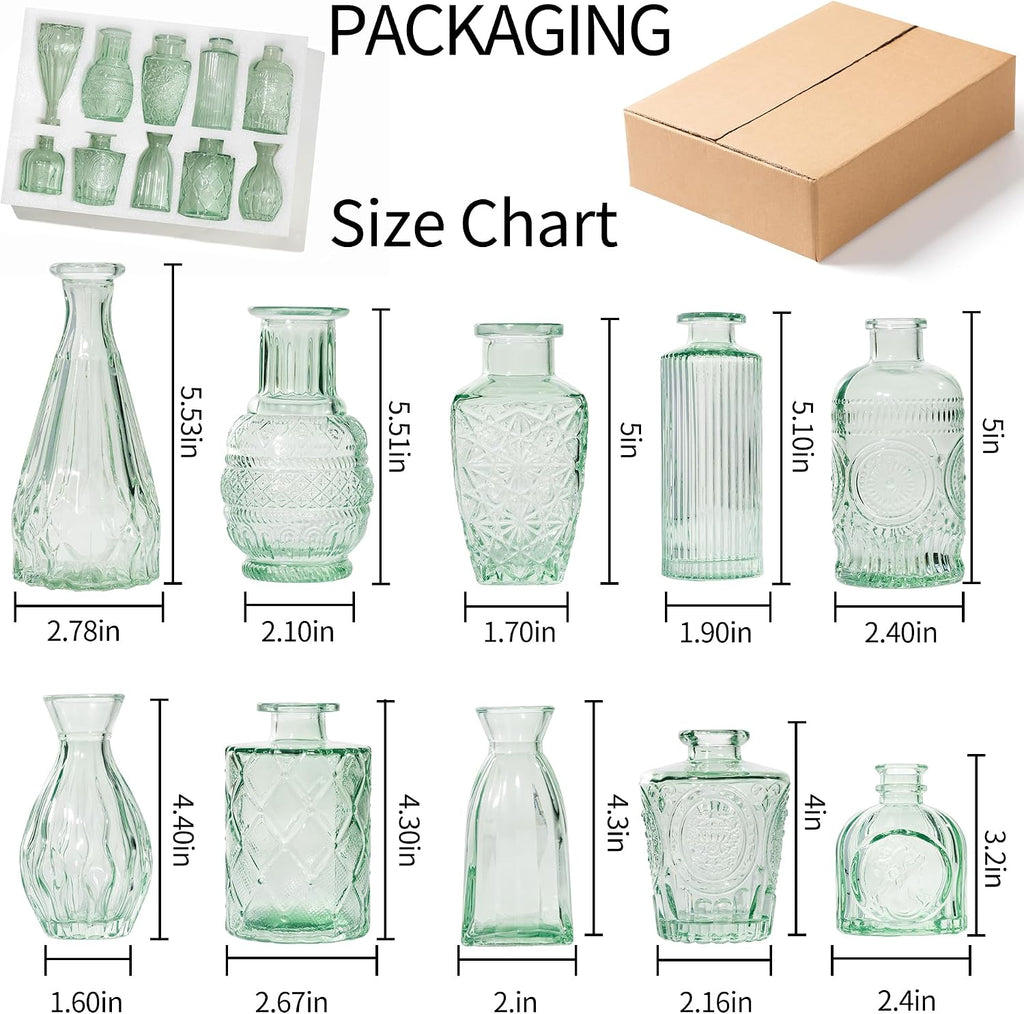 Vintage Small Glass Vases Set of 10,Mini Bud Vases for Flowers,Amber Glass Vases for Centerpieces,Wedding Decorations,Home Table Flower Decor(Sage Green)