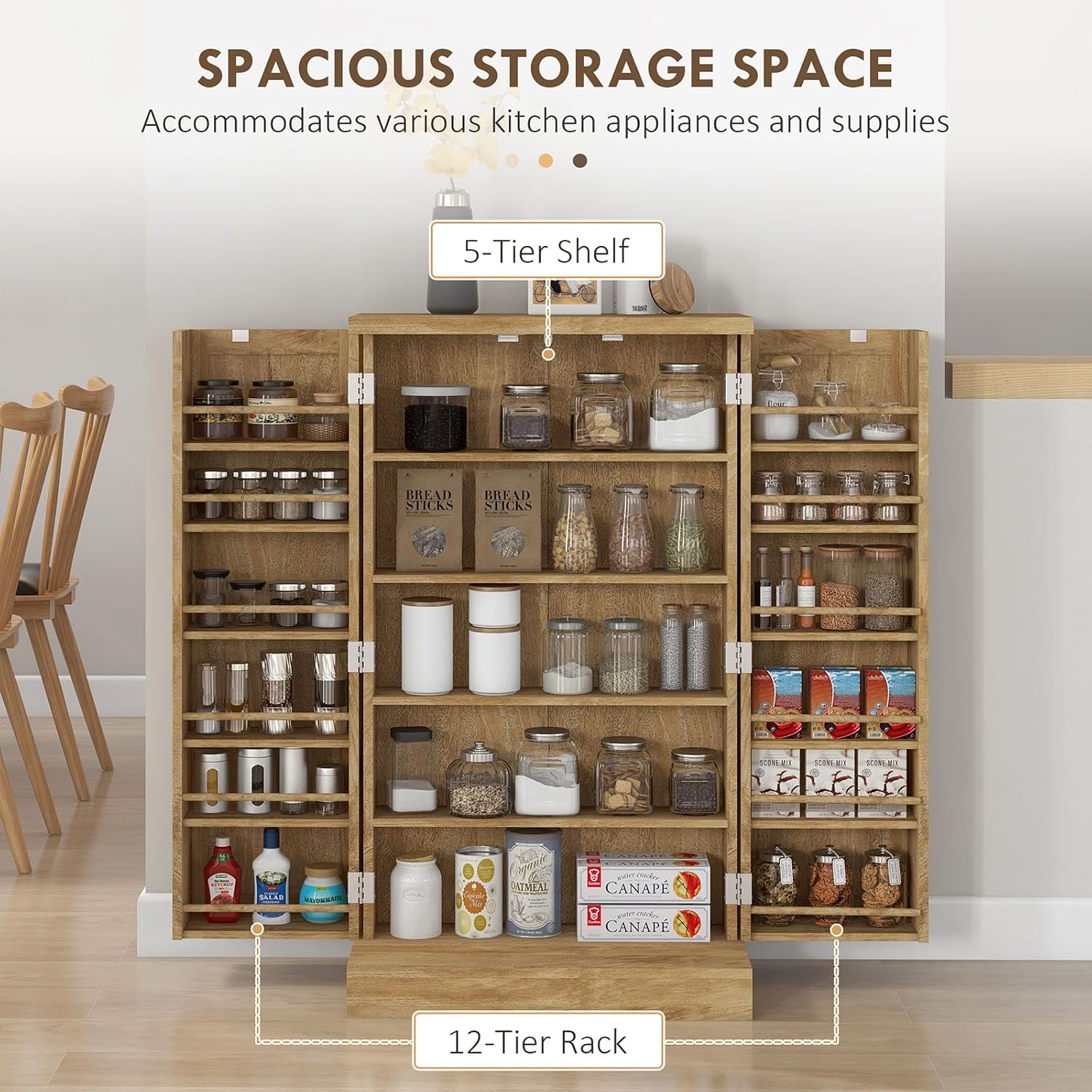 Pantry Storage Cabinet, 41" Kitchen Freestanding Kitchen Cabinet with 12 Door Shelves, Double Doors, 5-Tier Shelving and Adjustable Shelves, Natural