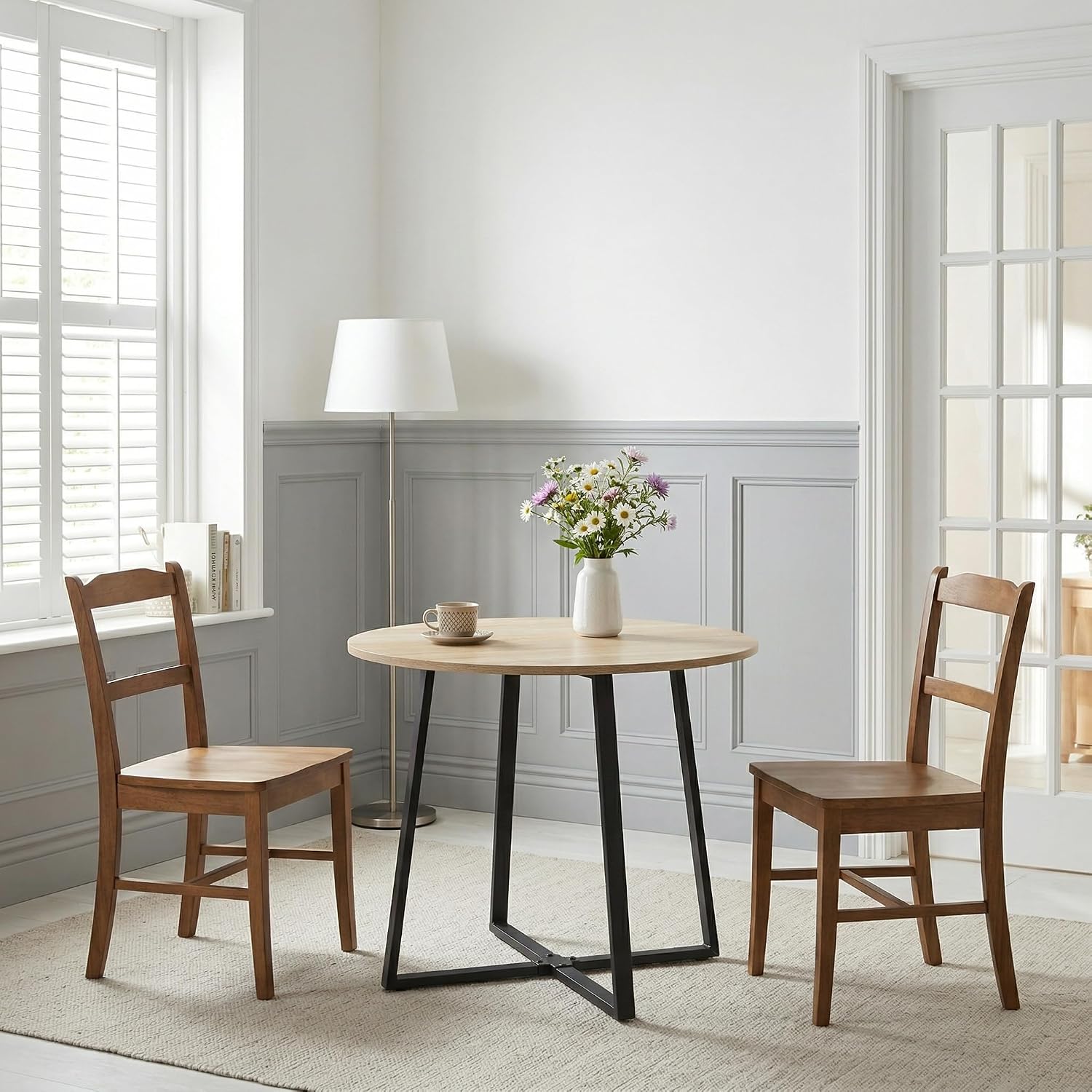 IDS Home 35.4” Round Dining Table for 2, Modern Nordic Kitchen Table, Light Wood Grain Top with Black Metal Base, Small Space Apartment Table, Coffee Table for Dining Room &Living Room, Natural