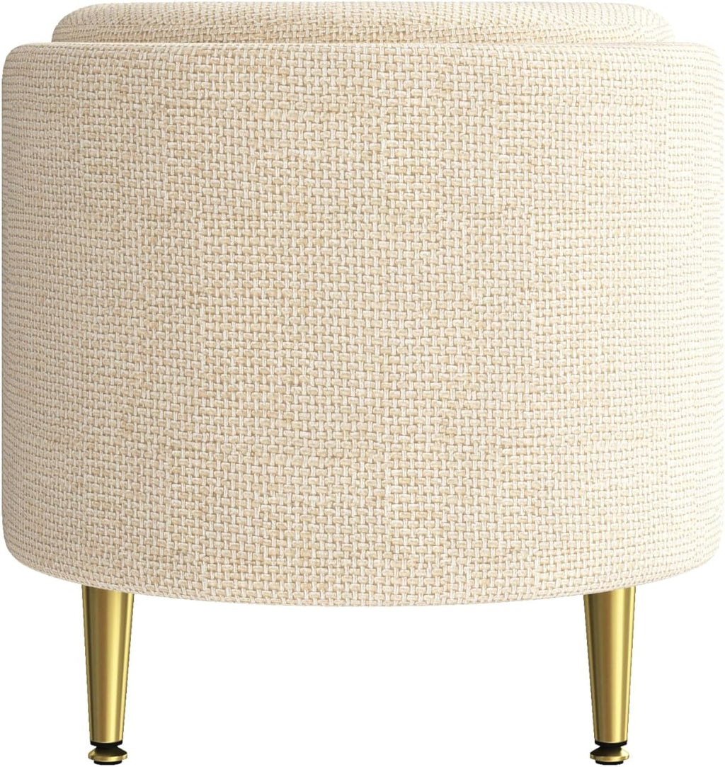 Modern Oval Chenille Storage Ottoman Bench, Beige Upholstered Cushioned Storage Bench with Sturdy Metal Legs, Large Hidden Interior Storage, Multi-Functional End of Bed Shoe Bench