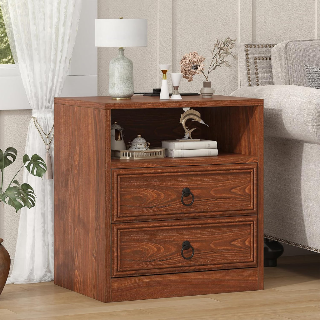 VVFLU Farmhouse Nightstand with Charging Station, 21.7" Wide End Table with 2 Drawers & Open Compartment, Cherry Wood Side Table, Bedside Table for Bedroom, Living Room, Sofa
