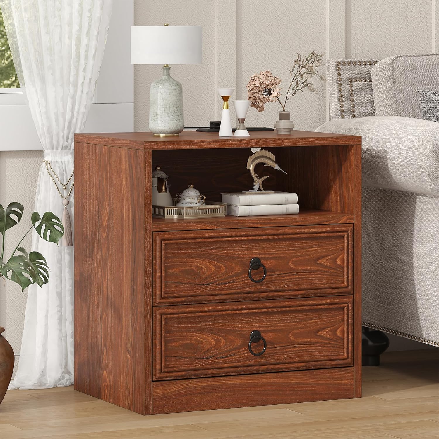 VVFLU Farmhouse Nightstand with Charging Station, 21.7" Wide End Table with 2 Drawers & Open Compartment, Cherry Wood Side Table, Bedside Table for Bedroom, Living Room, Sofa