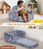 Kids Couch, 2-in-1 Soft Toddler Couch Fold Out with with Blanket and Cloud Pillow, Glow in The Dark, Toddler Chair Comfy, Convertible Sofa, Gifts for Kids Girl Boys, Medium Grey Star
