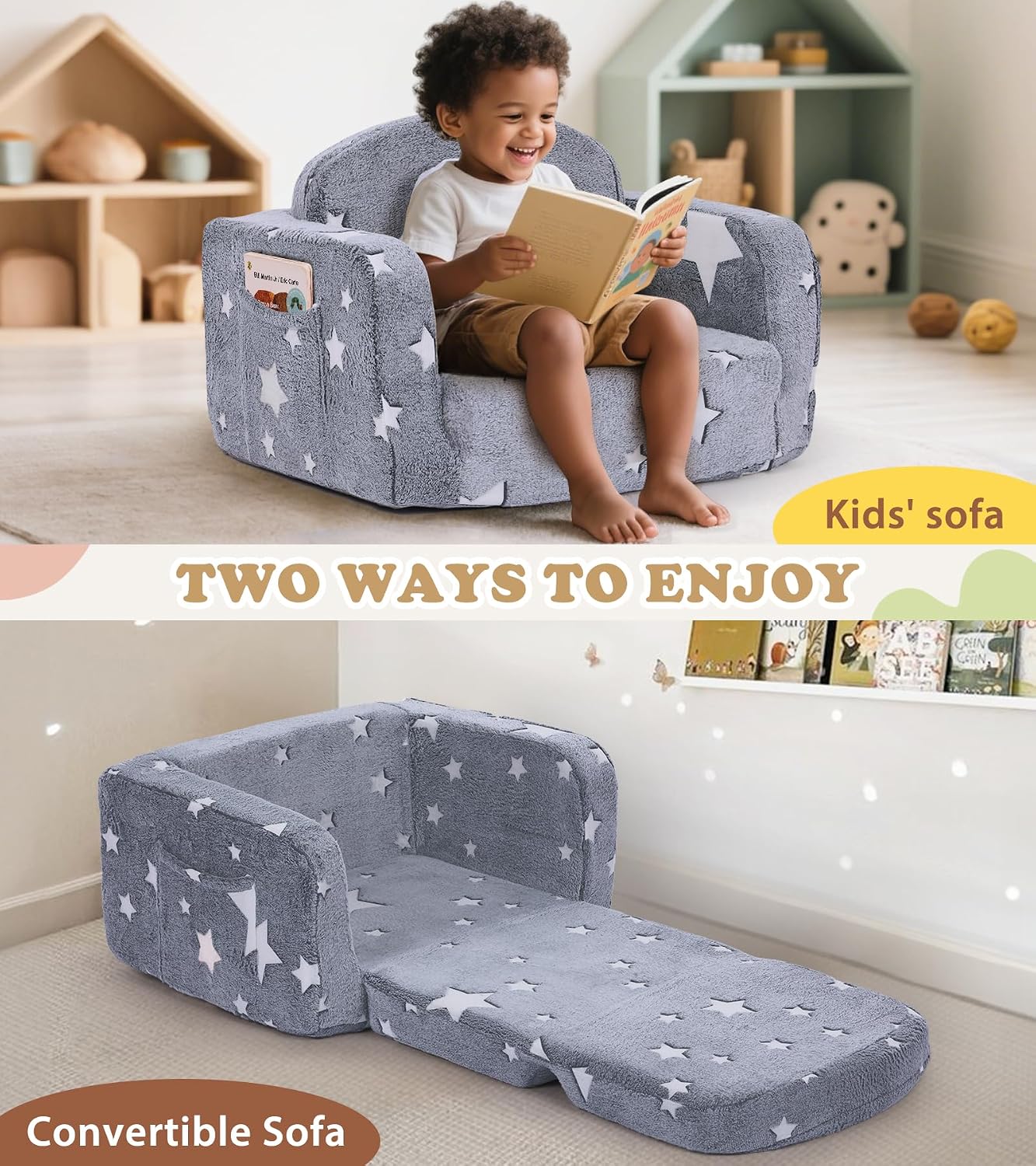 Kids Couch, 2-in-1 Soft Toddler Couch Fold Out with with Blanket and Cloud Pillow, Glow in The Dark, Toddler Chair Comfy, Convertible Sofa, Gifts for Kids Girl Boys, Medium Grey Star