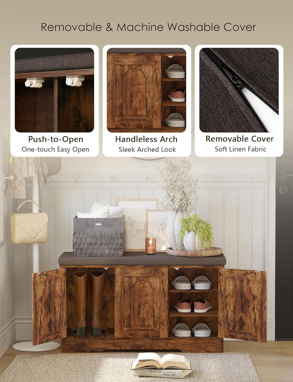 DINZI LVJ Shoe Storage Bench with Cushion, Entryway Bench with Seat & Doors | 3-Tier Shoe Cabinet Bench Fits 9 Pairs, Adjustable Shelves for Boots, Easy Assembly, Farmhouse, Bedroom, 39.4", Rustic Brown