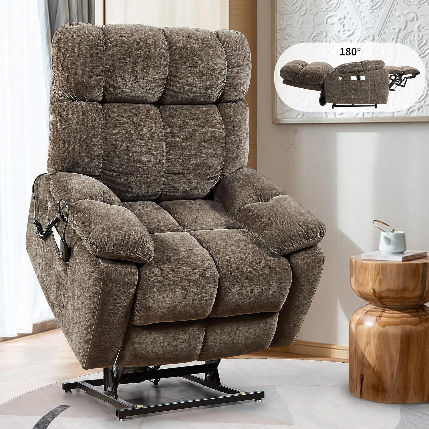 Lay Flat Sleeping Dual Motor Lift Recliner Chair with Massage and Heating for Elderly,Infinite Position Soft Fabric Power Electric Recliner Chair (Brown-180-Lay Flat-No Cup Holder)