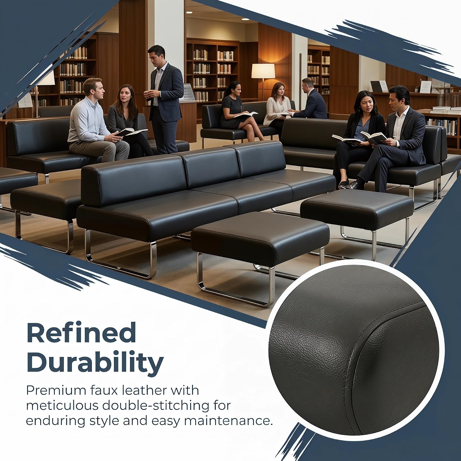 Modern Modular Reception Bench Sofa, Faux Leather Waiting Room Seating with Metal Frame, Upholstered Ottoman Bench for Office Lobby, Salon, Clinic & Lounge Brown 55.1" L × 21.5" W × 31.5" H