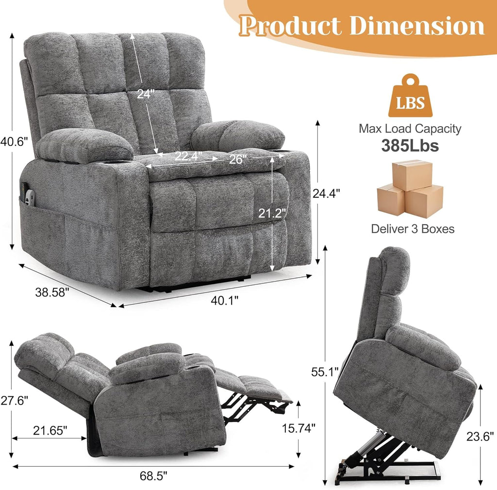 Korser Oversized Dual Motor Power Lift Recliner Chair for Elderly with Massage & Heat, Extra Wide Lift Chair with Adjustable Headrest, Electric Recliner with Storebox, Cupholder, USB, Type C, Grey