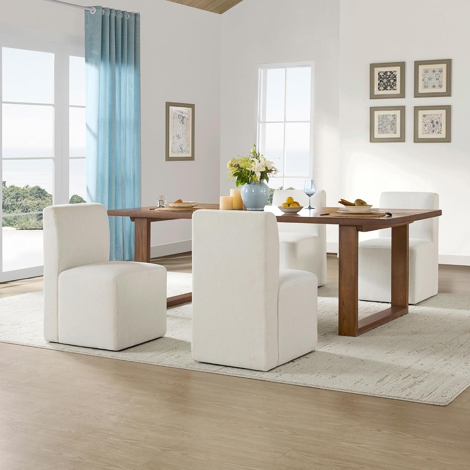 CHITA Dining Chairs with Casters Set of 4, FSC Certified Upholstered Armless Modern Rolling Dining Chairs with Rollers for Bedroom Reading Room Living Room, Fully Assembled, Linen