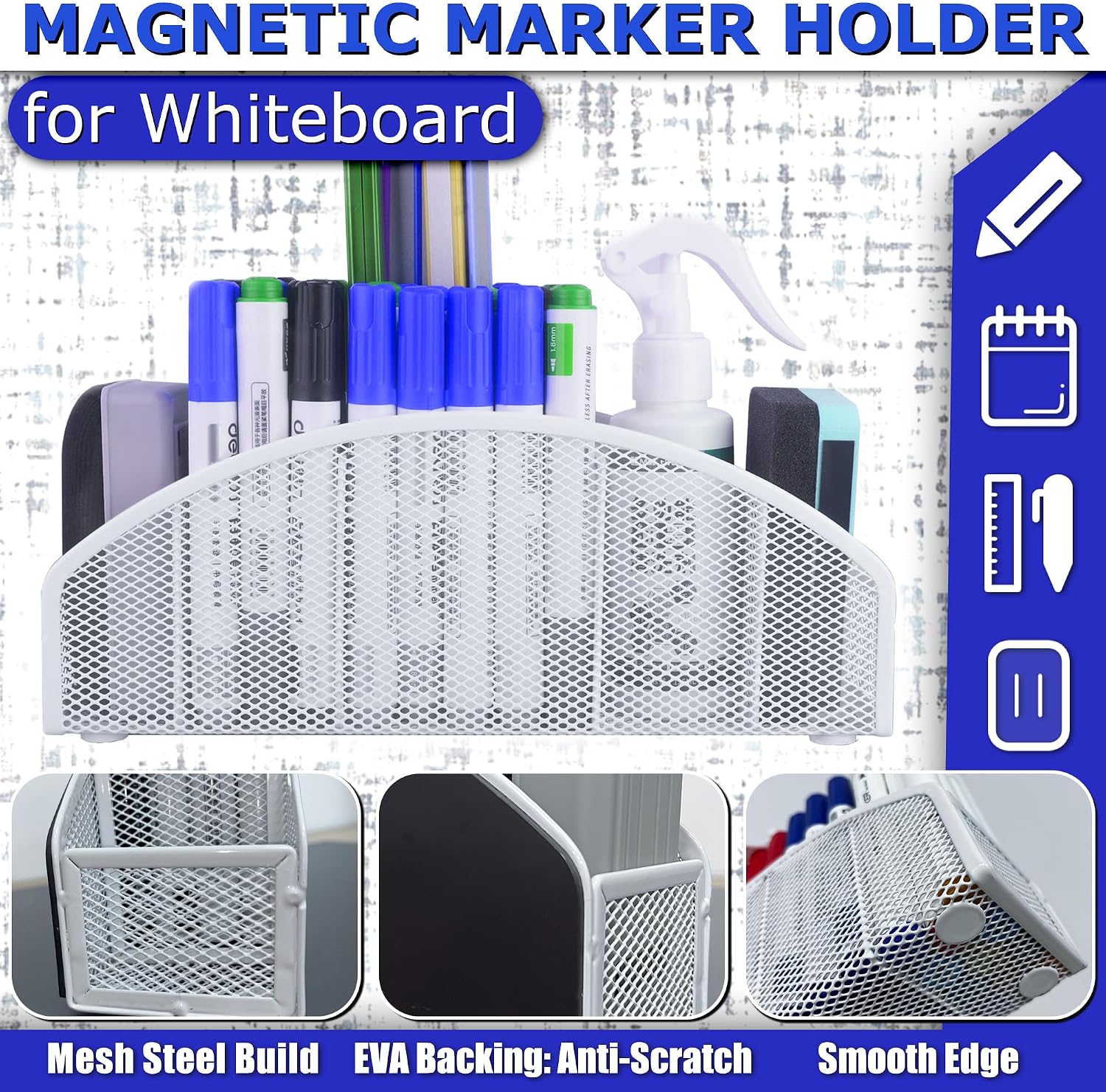 Magnetic Dry Erase Marker Holder for Whiteboard, 10 inch Large Capacity Whiteboard Marker and Spray Holder, 5 Slots Magnetic Fridge Organizer for Office, Classroom, Home (White)