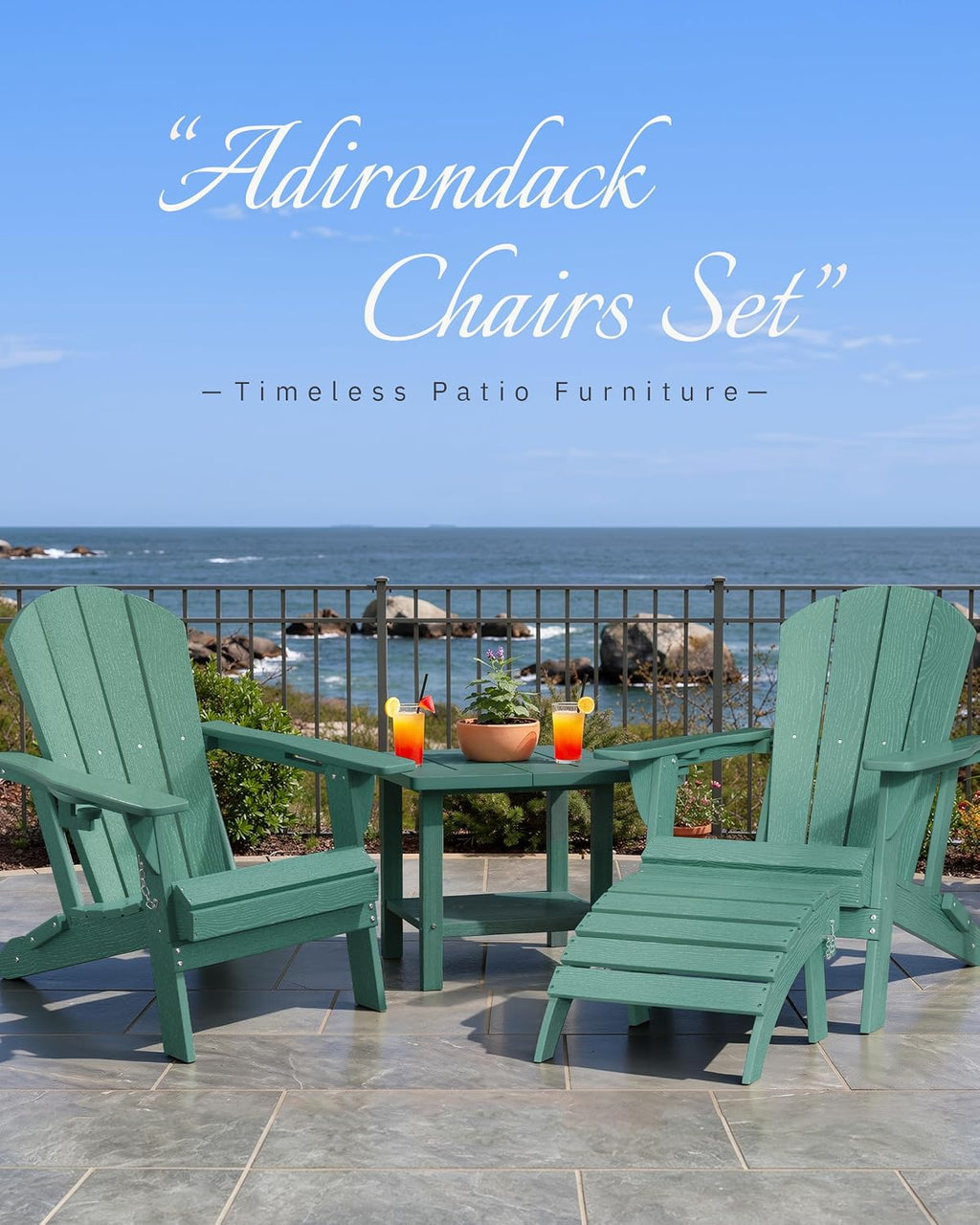 AreShark Folding Adirondack Chairs Set of 2, Wooden Textured Patio Chairs with Cup Holder,HDPE All Weather Fire Pit Chairs for Outdoor Backyard Lawn Poolside Deck Porch Garden,Aruba Blue