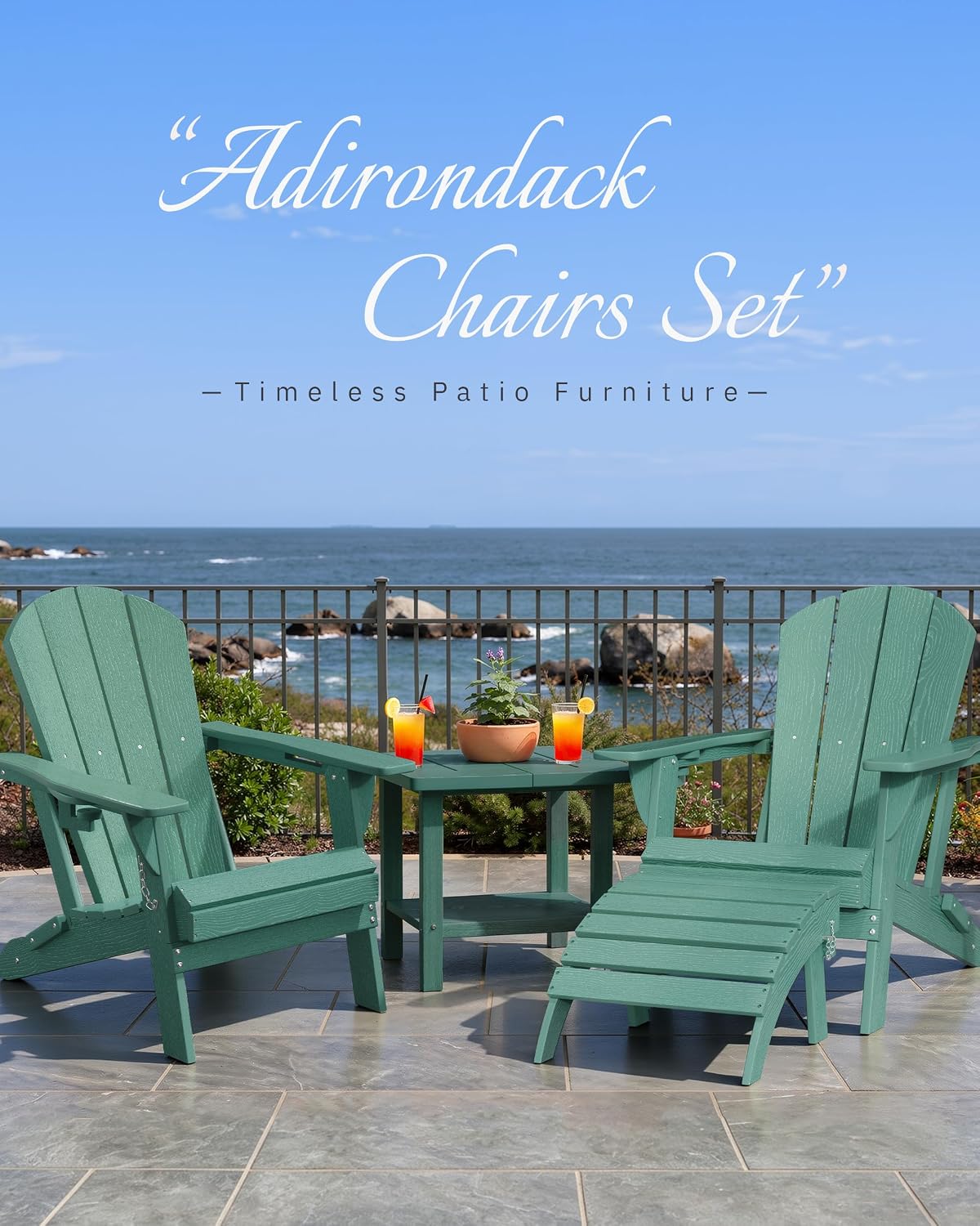 AreShark Folding Adirondack Chairs Set of 2, Wooden Textured Patio Chairs with Cup Holder,HDPE All Weather Fire Pit Chairs for Outdoor Backyard Lawn Poolside Deck Porch Garden,Aruba Blue