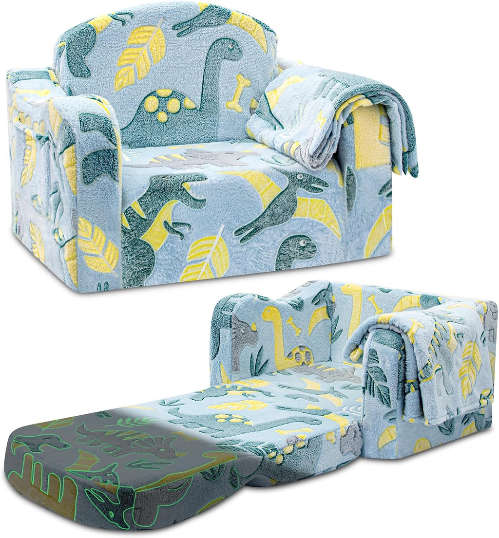 Airpanda Comfy Kids Chair and Couch with Blanket,2-in-1 Soft Fold Out Couch for Girls and Boys,Convertible Sofa Chair for Playroom, Green Dinosaur