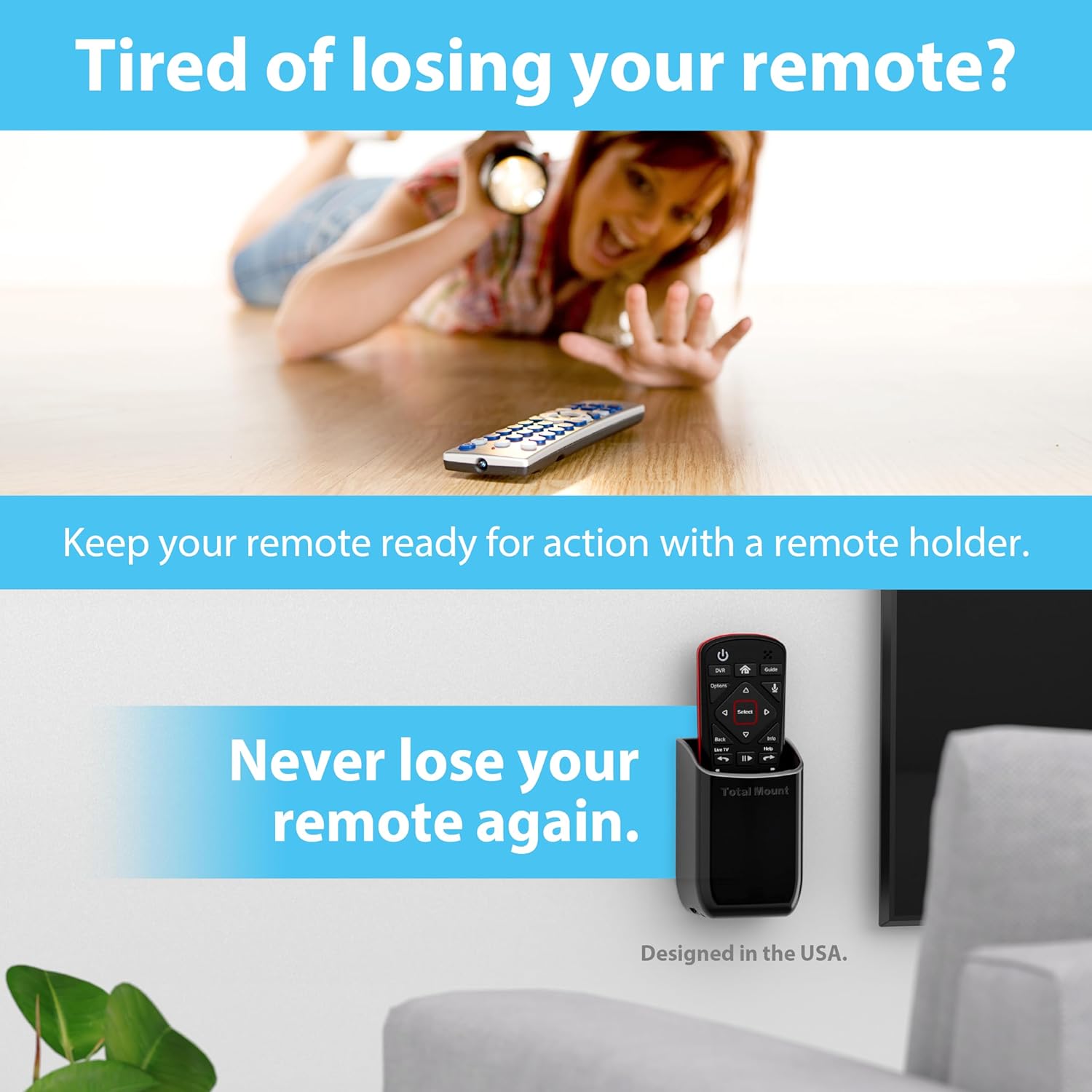 TotalMount Hole-Free Remote Control Holder – Eliminates Need to Drill Holes in Your Wall (Black, Quantity 1)