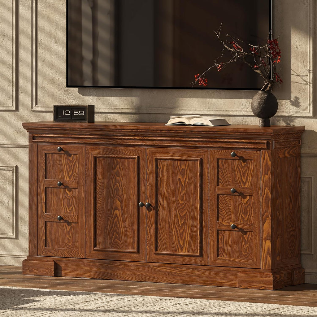 Sideboard Buffet Cabinet with Storage, 63" Large Credenza Kitchen Storage Cabinets with Drawer and Door, Wood Coffee Bar Table with Adjustable Shelf for Living Room, Kitchen, American Retro, Brown