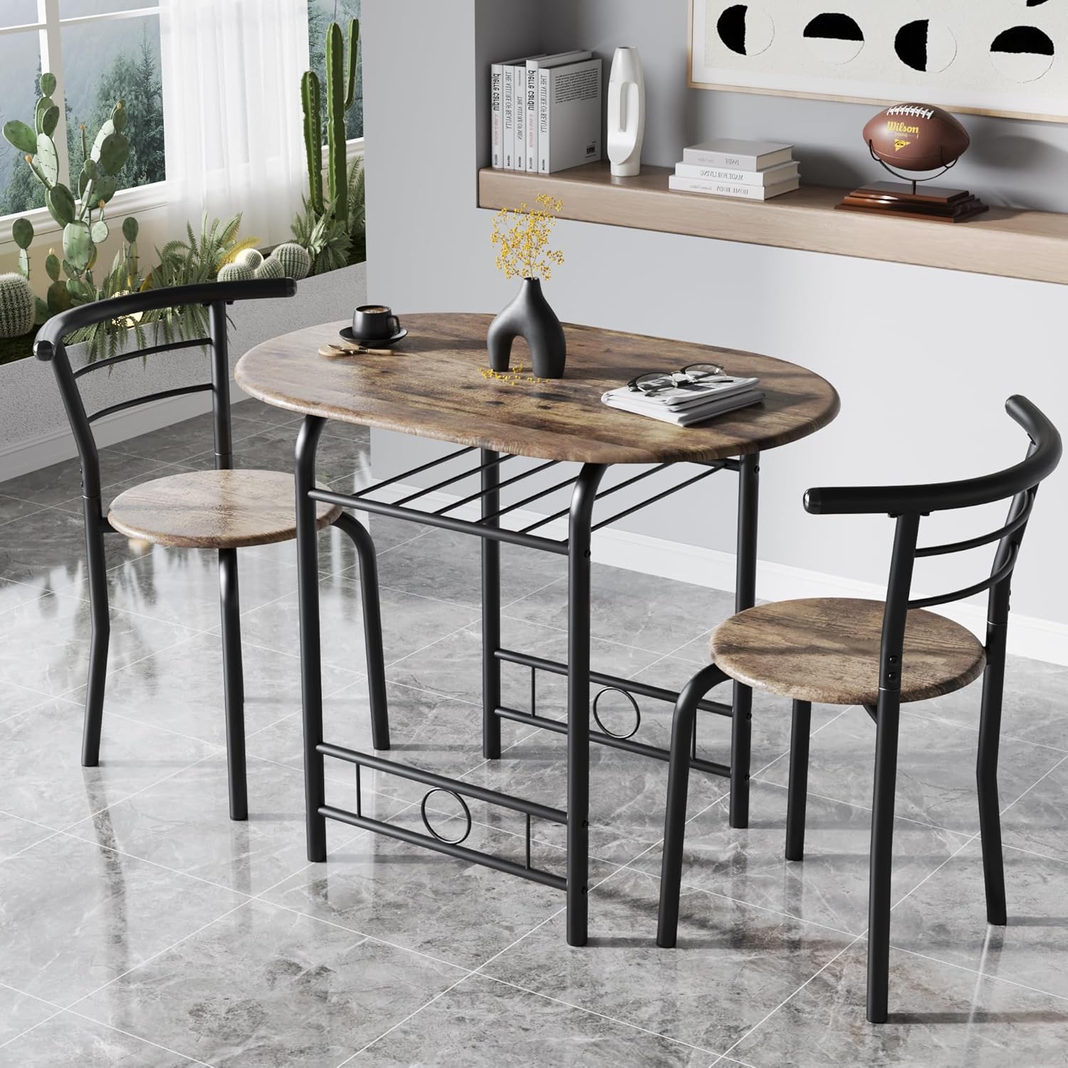 JUMMICO 3-Piece Wooden Round Table & Chair Set, Space Saving Kitchen Breakfast Nook Wood Grain Tabletop with Metal Frame and Built-in Wine Rack for Kitchen, Dining Room (Walnut/Black)
