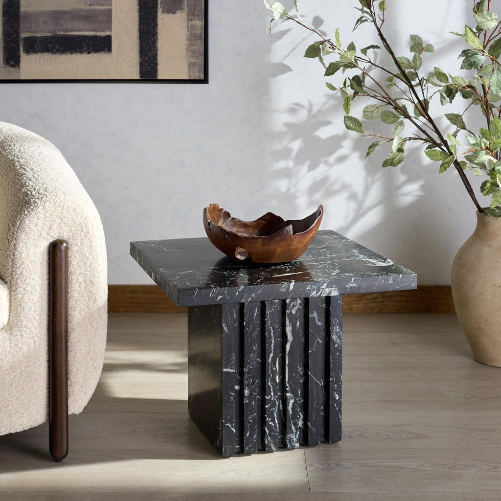 SAFAVIEH Couture Collection – Olivia Black Square Travertine Accent Table, Sculptural Pedestal Display Table (SFV9701C)