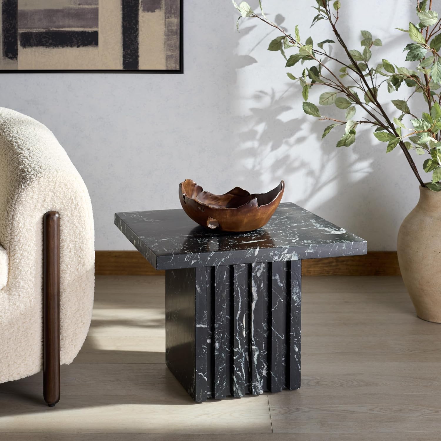 SAFAVIEH Couture Collection – Olivia Black Square Travertine Accent Table, Sculptural Pedestal Display Table (SFV9701C)