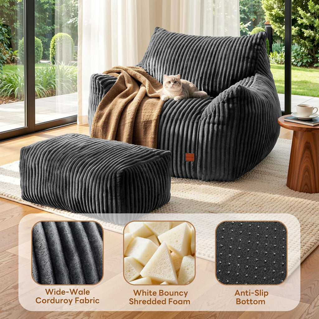 Giant Bean Bag Chair, Oversized Bean Bag Couch for Adults, Fluffy Corduroy BeanBag with Armrests & Ottoman for Living Room, Bedroom, Vacuum-Compressed for Gifting, 48h to Expand Dark Gray