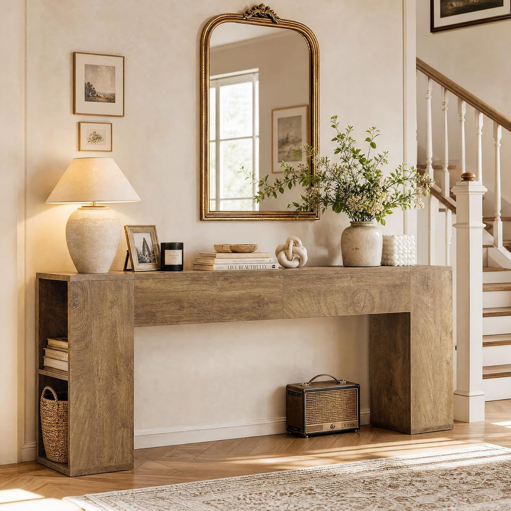 Tribesigns Extra Long Console Table, 79-Inch Entryway Table with 2 Drawers and Side Storage Shelves, Farmhouse Behind Couch Table for Entrance, Hallway, Foyer, Living Room, Brown