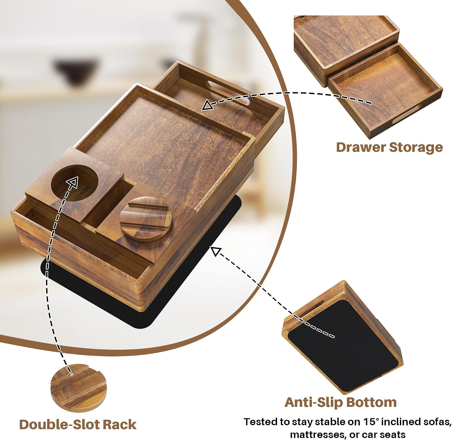 Acacia Wood Couch Cup Holder, 7-in-1 Couch Caddy Tray, Sofa Side Table with Push-Pull Drawer to Organize and Store Small Objects, 360°Swivel Phone Holder, for Drinks, Cups, Snacks, Remote