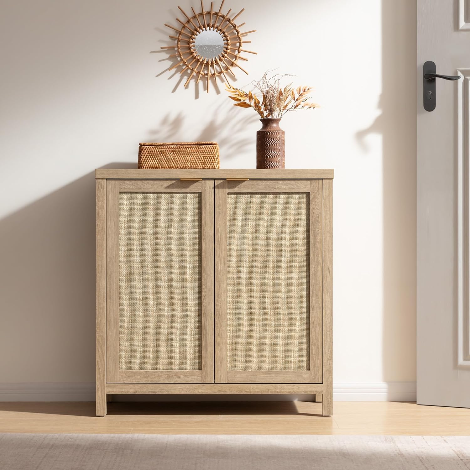 SICOTAS Rattan Sideboard Buffet Cabinet with Large Storage - Boho Credenza Coffee Bar Cabinet with Adjustable Shelves, Buffet Console Table for Kitchen Living Room Hallway - Natural