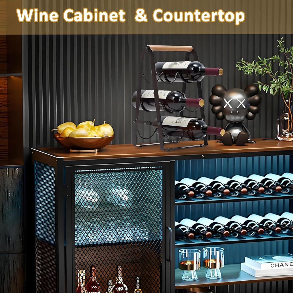 Wine Rack, 6-Bottle Foldable Wine Racks Countertop with Wooden Handle, 3-Tier No Assembly Wine Bottle Holder for Home Bar, Kitchen, Wine Cellar Storage (Black)