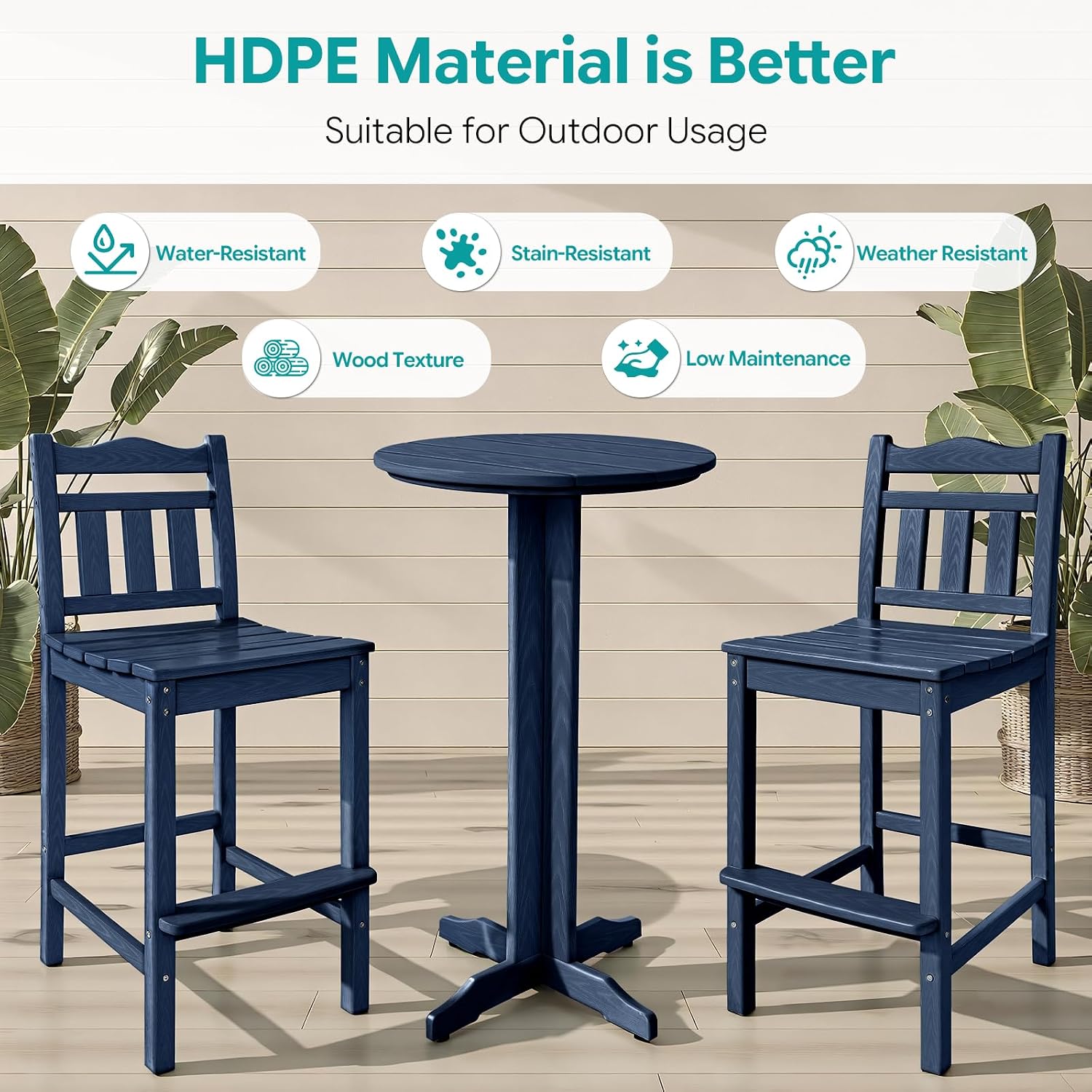 Outdoor Bar Stools Set of 2, HDPE Tall Adirondack Bar Chairs 27.5 Inch Seat Height w/Backrest, All Weather Patio Bar Height Chairs for Bistro Balcony Deck Poolside (Navy Blue)