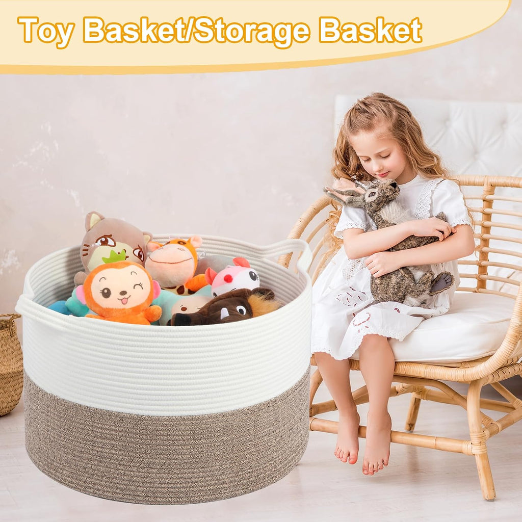 Large Laundry Basket 22''x14''Woven Cotton Rope Baby Blanket Basket for Living Room Girl Laundry Hamper Toy storage Baby basket Nursery Hamper Storage Bin (White+Brown)