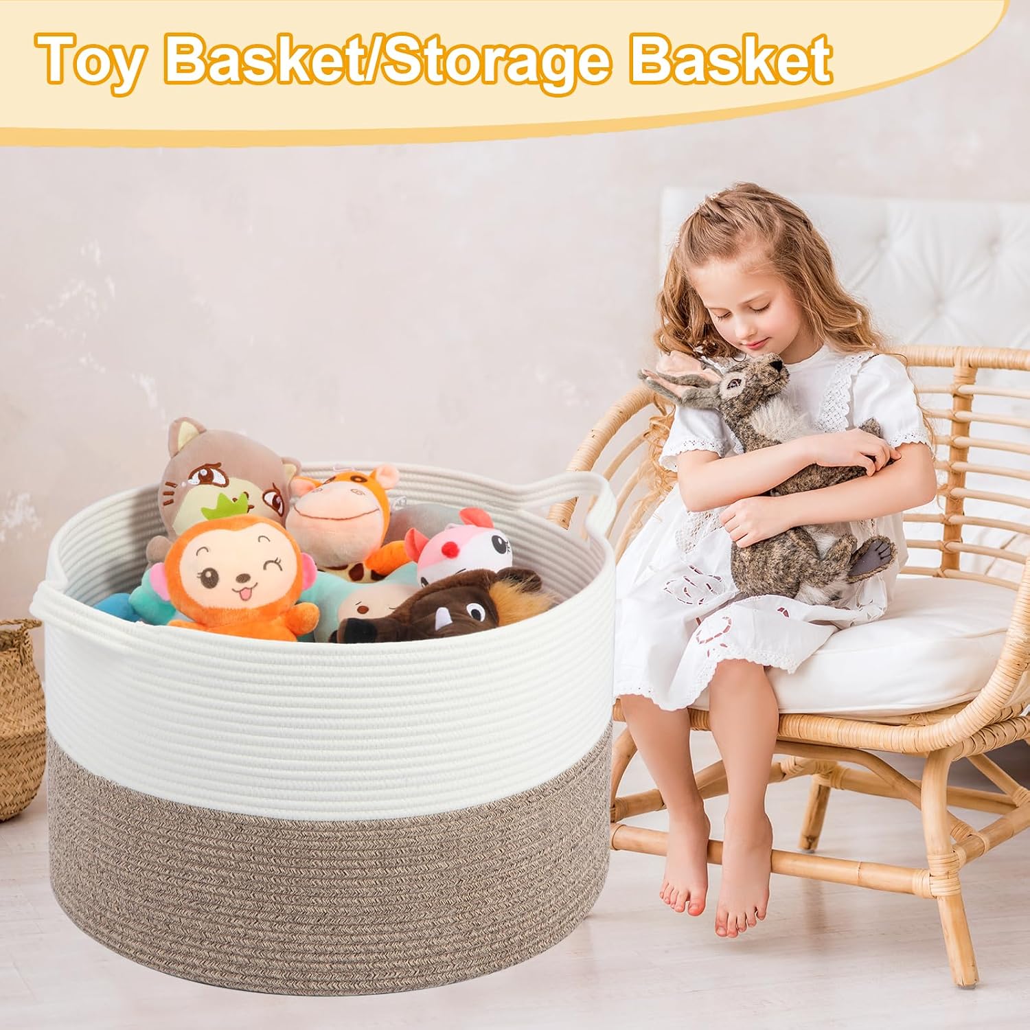 Large Laundry Basket 22''x14''Woven Cotton Rope Baby Blanket Basket for Living Room Girl Laundry Hamper Toy storage Baby basket Nursery Hamper Storage Bin (White+Brown)