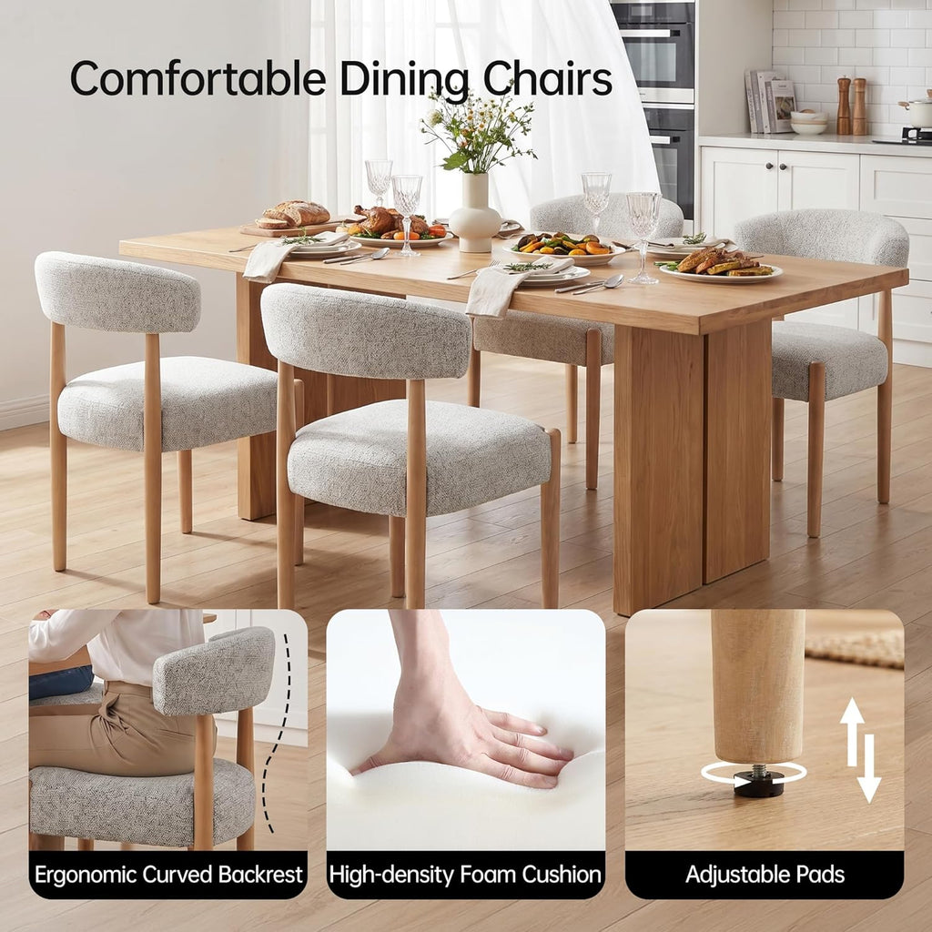VKNOW Wooden Dining Chairs Set of 4, Modern Upholstered Dining Room Chairs with Rubberwood Legs and Curved Backrest, Fabric Kitchen Chairs for Farmhouse/Living Room/Dining Room, Heathered Off-White