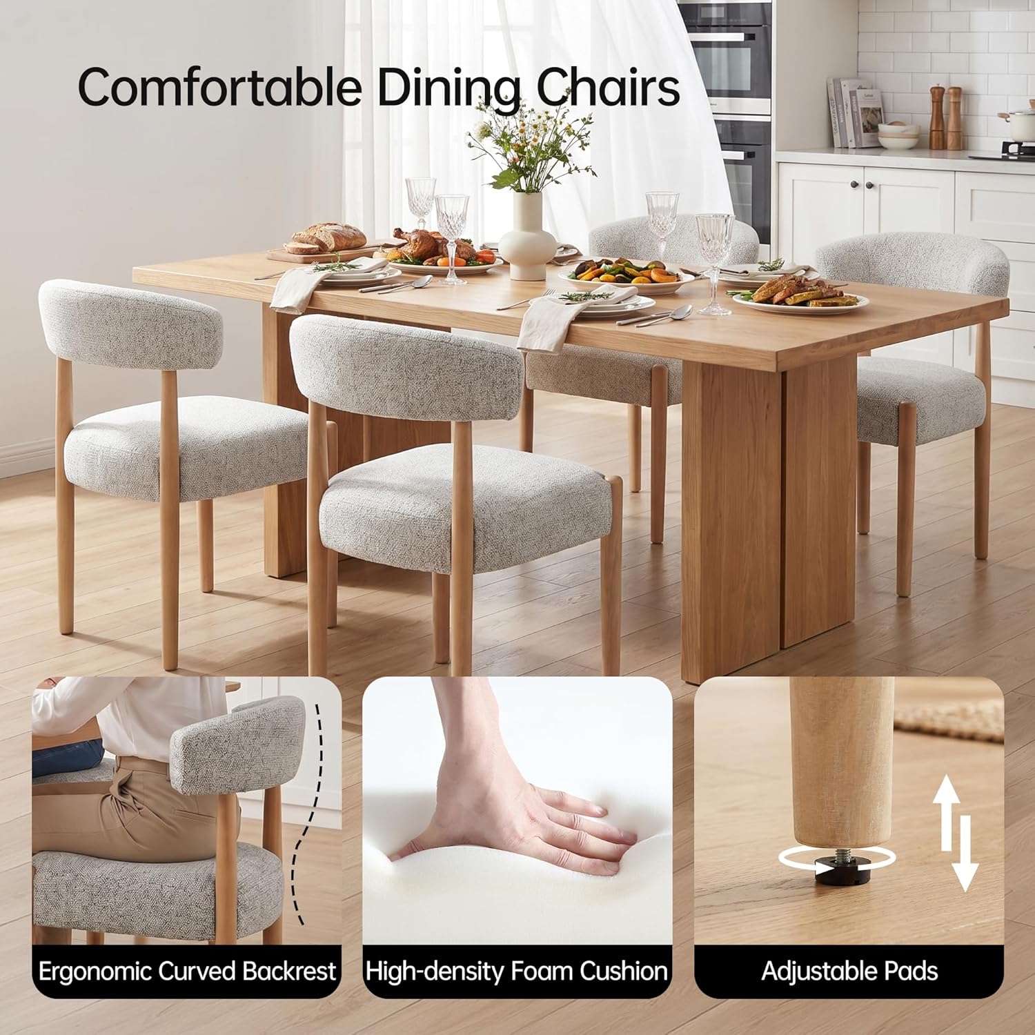 VKNOW Wooden Dining Chairs Set of 4, Modern Upholstered Dining Room Chairs with Rubberwood Legs and Curved Backrest, Fabric Kitchen Chairs for Farmhouse/Living Room/Dining Room, Heathered Off-White