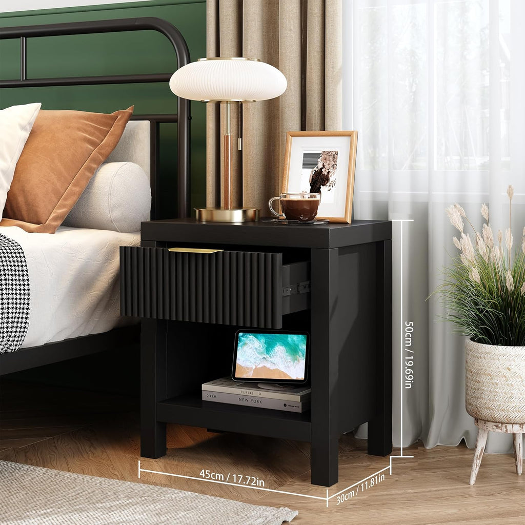 End Table Set of 2 with Storage, Small End Table, Wood Bedside Table with Drawer and Opening Storage, Nightstand Accent Table for Living Room, Bedroom, Black