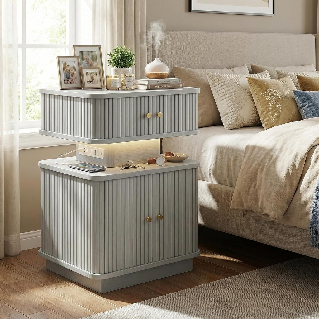 Nightstands Set of 2 with Charging Station, Modern Night Stands Set 2 with Smart Led Light and Small Sliding Door Cabinets, Curvy Edge, Bedside Table for Bedroom, Grey