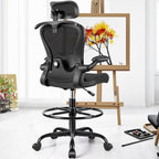 Drafting Chair, Tall Office Chair with 3D Lumbar & Head Support, Ergonomic Mesh Standing Desk Chair with Footring, Comfy Extended High Desk Chair with Flip-Up Arms & Hanger,Black