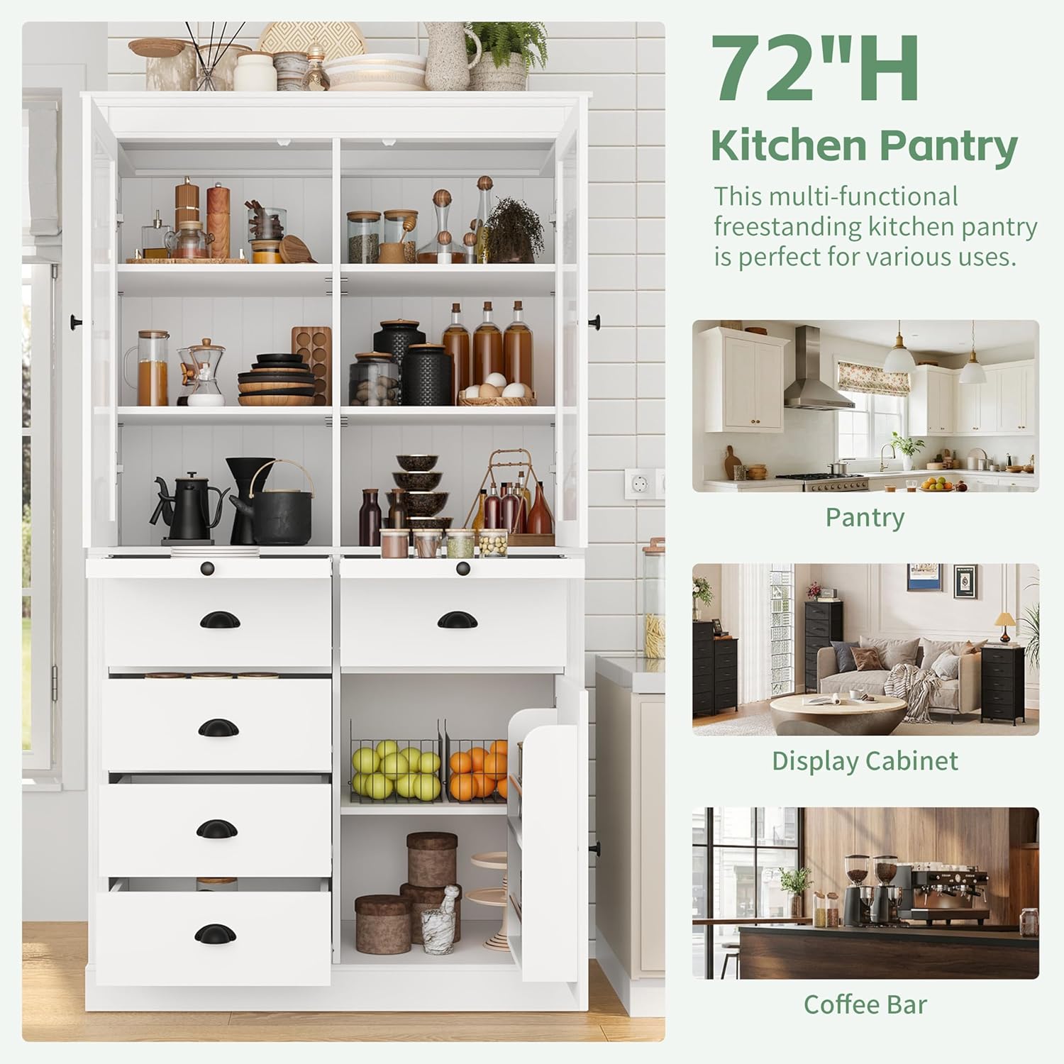 72" H Kitchen Pantry with Glass Doors, Wooden Freestanding Display Storage Cabinet with 5 Drawers and Serving Trays, Large Cupboard with Adjustable Shelves for Kitchen, Dining Room, White