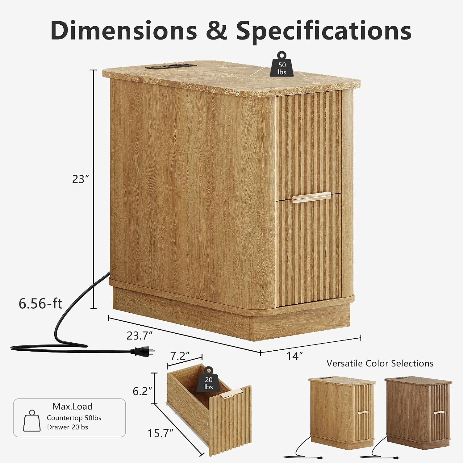 win2win Narrow End Table with Charging Station, Fluted Side Table with Faux Marble Top, Skinny Modern Boho Nightstand, Small Bedside Table with Drawers & Storage for Living Room, Bedroom, Oak