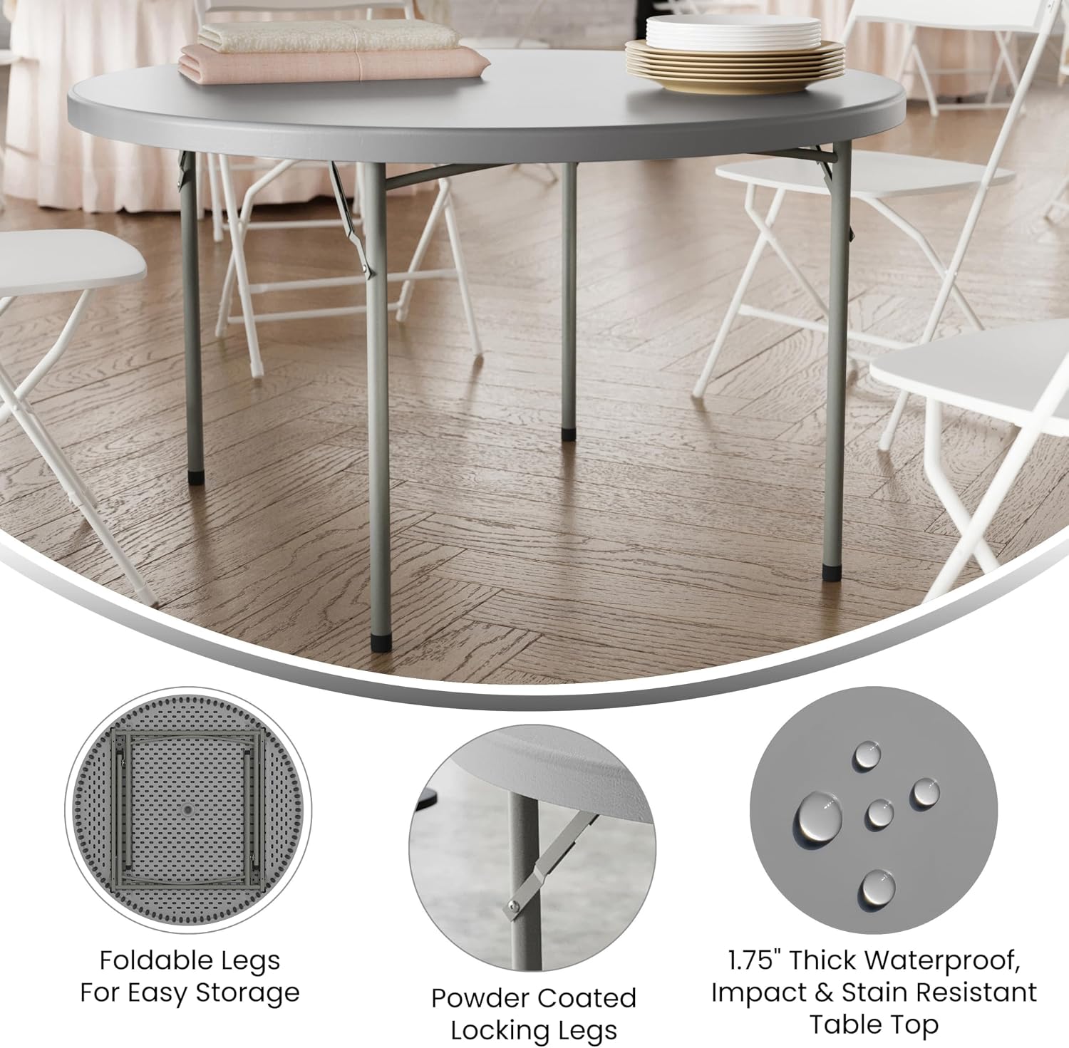 Flash Furniture Kathryn 4' Round Plastic Folding Event Table for Parties and Trade Shows, Portable Indoor/Outdoor Event Banquet Table, Granite Dark Gray